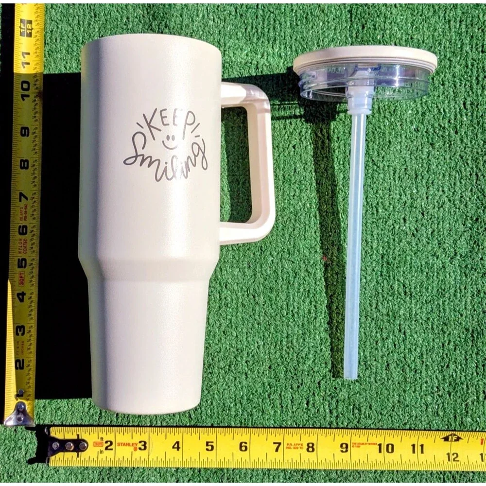 Keep Smiling Etched40oz Pearl Stainless Steel Tumbler Grip Mug Cup+Lid/Straw New
